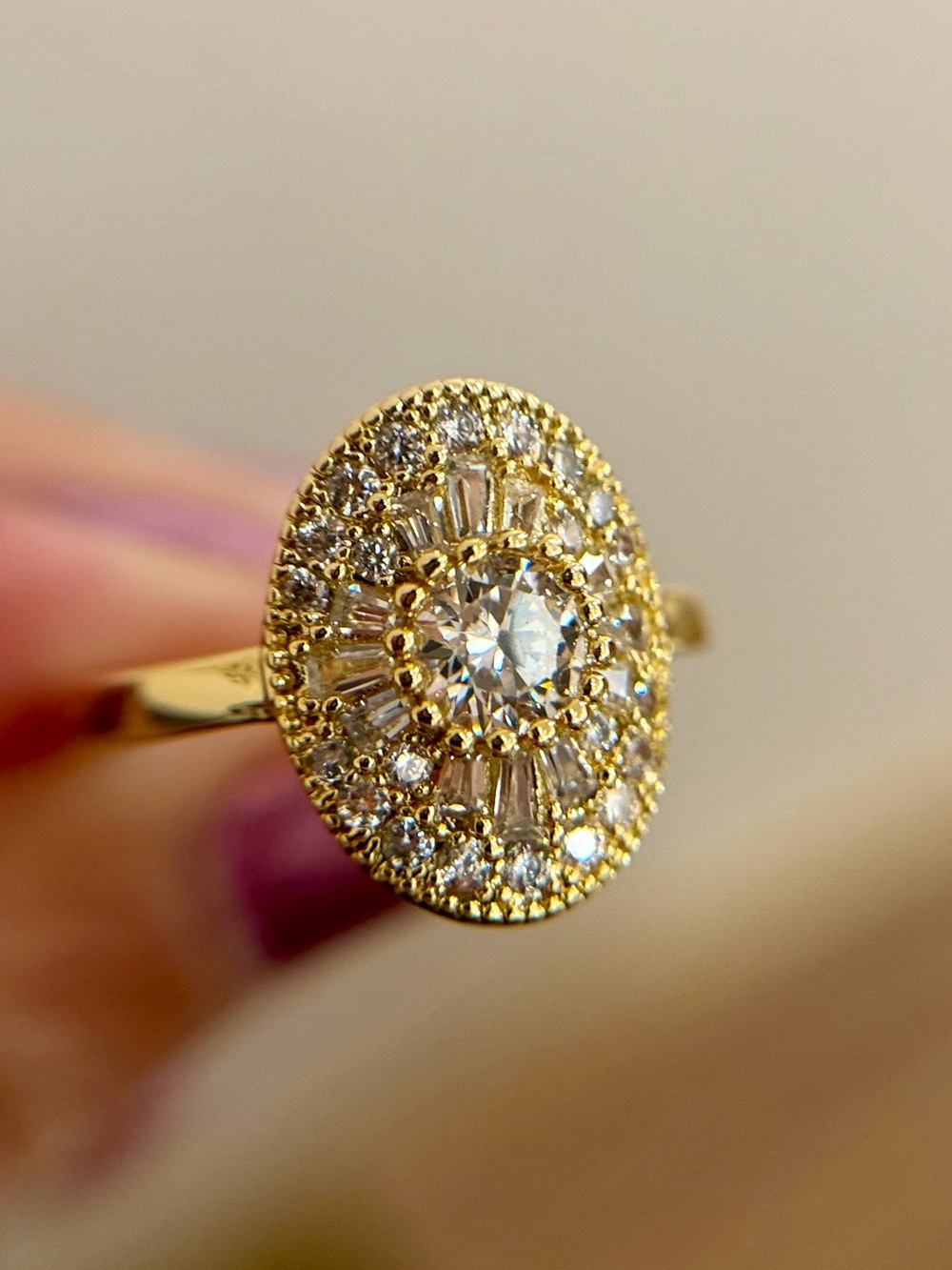 New Art Deco Halo 14K Gold Plated Sunburst Oval CZ halo Statement Ring 8